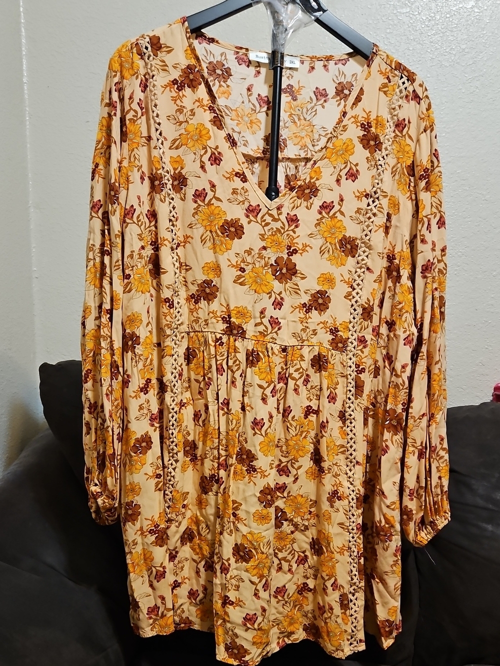 Women's Floral V-Neck Peasant Blouse - Beige with Yellow & Brown Floral Print